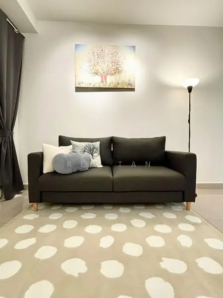 Living features: 3-seater fabric sofa in dark grey, decorative throw pillows in various colors, area rug with polka dot pattern in beige and white, framed artwork on wall with tree design, floor lamp with white shade, curtains in dark grey, light-colored tiled flooring, white painted walls; style: modern.