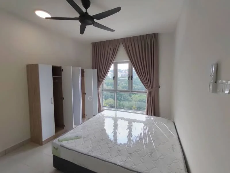 Bedroom features: queen-size bed, upholstered headboard, 2-door wardrobe, floor-to-ceiling window, curtains, ceiling fan, tile flooring, neutral painted walls; style: modern; view: garden.