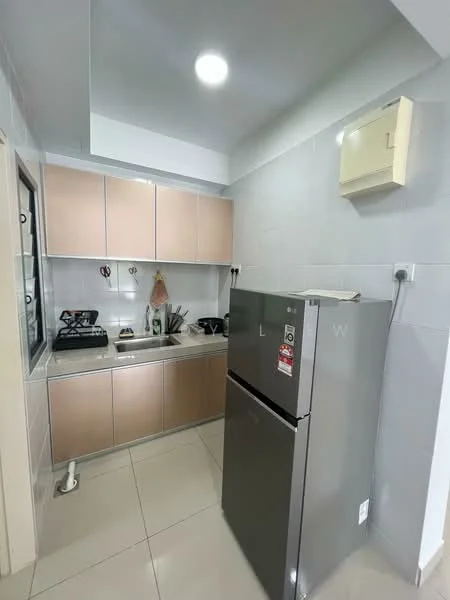 Kitchen features: grey cabinets, stainless-steel sink, chrome faucet, built-in gas stove, exhaust hood, grey tiled backsplash, grey tiled flooring, refrigerator, wall-mounted electrical box, kitchen utensils on hooks; style: modern.