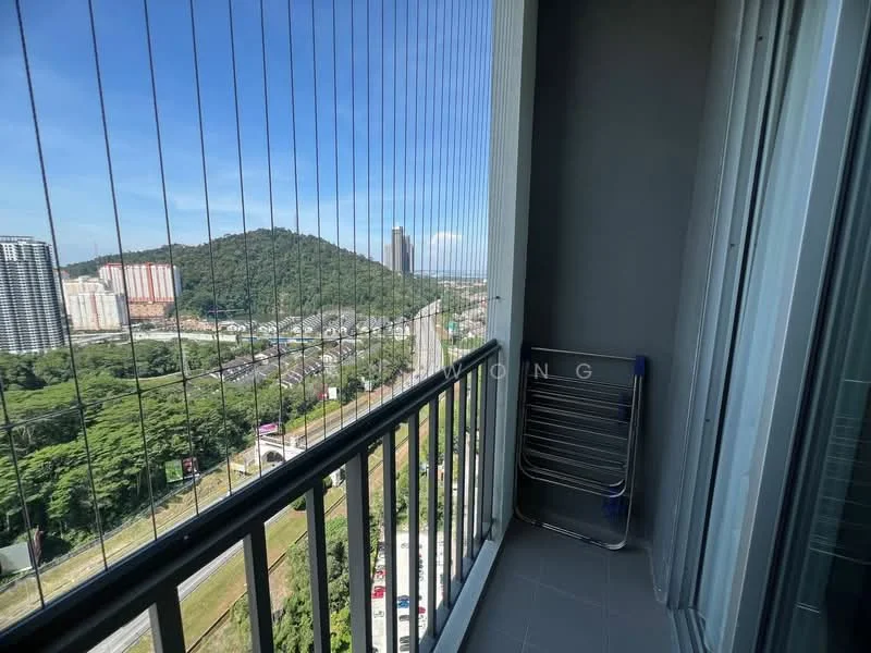 Balcony features: metal railing, grey tiled flooring, clothes drying rack, city view, mountain view; view: city.