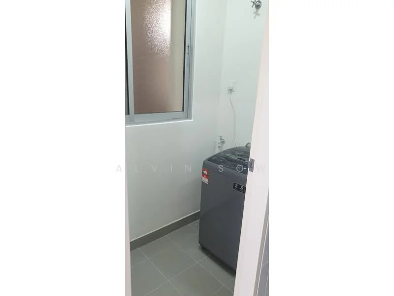 Laundry features: grey front-load washing machine, window with frosted glass, white painted walls, grey tile flooring, plumbing connections visible, light fixture on ceiling.