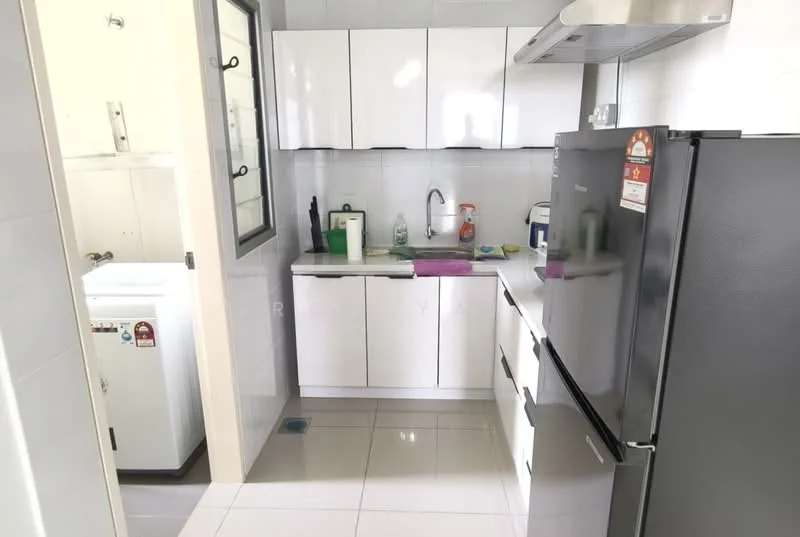 Kitchen features: white flat-panel cabinets, grey countertop, single-bowl stainless-steel sink, chrome pull-down faucet, built-in oven, freestanding range oven, stainless-steel fridge, ceramic tile flooring, recessed downlights, window with black frame, washing machine, cleaning supplies on countertop; style: modern.