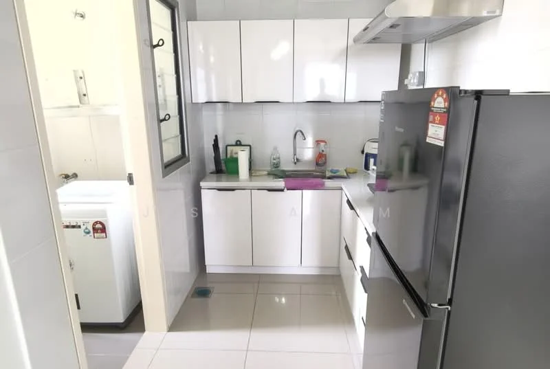 Kitchen features: white flat-panel cabinets, stainless-steel sink, chrome pull-down faucet, black refrigerator, built-in oven, ceramic tile flooring, white tiled backsplash, countertop with space for appliances, window for natural light, washing machine in utility area; style: modern.
