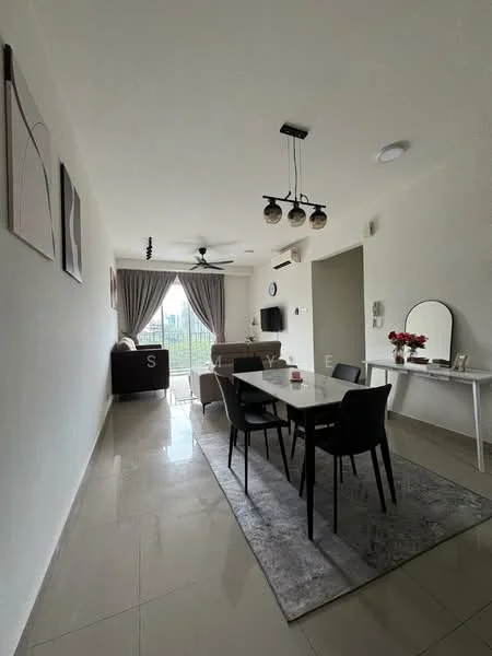 Dining features: dining table with 6 chairs, pendant light fixture, 5-blade ceiling fan, floor-to-ceiling windows, grey area rug, white painted walls, ceramic tile flooring, decorative mirror, wall-mounted air conditioning unit, decorative flowers in vase, framed artwork on walls; style: modern; view: city. Living features: 2-seater fabric sofa, coffee table, side table, wall-mounted TV, grey curtains, decorative artwork on walls; style: modern; view: city.