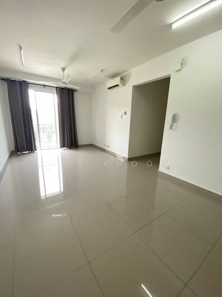 Room features: white painted walls, glossy ceramic tile flooring, ceiling with recessed lighting, 2 ceiling fans, sliding glass door, curtains, wall-mounted air conditioning unit, intercom panel; style: modern.