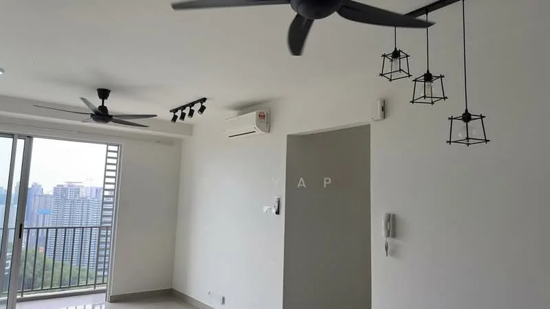 Room features: white painted walls, ceiling fan, 2-blade ceiling fan, recessed LED downlights, hanging pendant lights, floor-to-ceiling windows, sliding glass door, city view, air conditioning unit, light-colored flooring; style: modern; view: city.