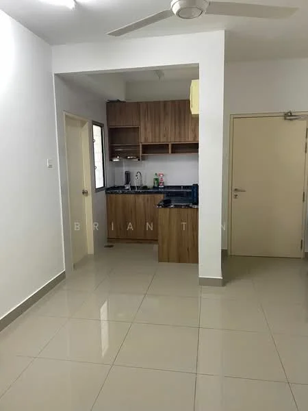 Kitchen features: white painted walls, glossy tile flooring, wood cabinetry, black countertop, stainless-steel sink, built-in stove, microwave, refrigerator, ceiling fan, open shelving, kitchen island, wall-mounted cabinets; style: modern. Room features: white painted walls, glossy tile flooring, doorway leading to another room.