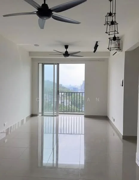 Living features: white painted walls, polished ceramic tile flooring, 2 ceiling fans, floor-to-ceiling sliding glass door, balcony with railing, mounting for wall lights, recessed lighting, city view; style: modern; view: city.