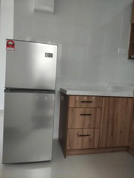 Kitchen features: stainless-steel fridge, wood cabinetry with handles, white countertop, white tiled backsplash, grey floor tiles, built-in cabinets, drawer storage, wall-mounted cabinet; style: modern.