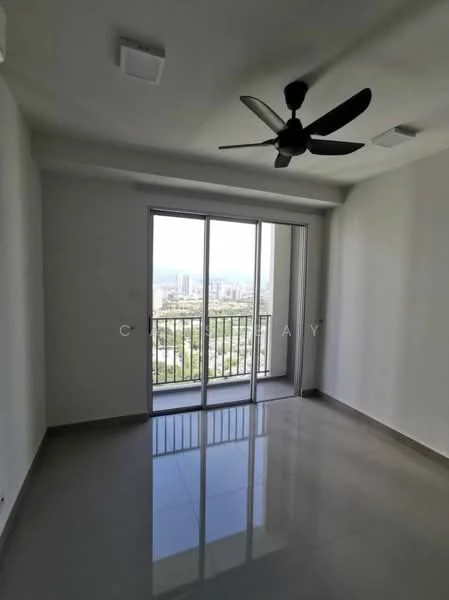 Living features: grey tiled flooring, white painted walls, 5-blade ceiling fan with light, floor-to-ceiling sliding glass door, balcony with railing, city view, recessed ceiling lights; style: modern; view: city.