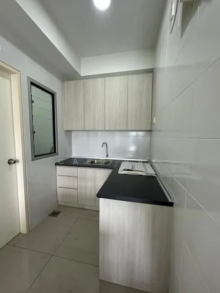 Kitchen features: light wood cabinetry, black countertop, single-bowl stainless-steel sink, chrome pull-down faucet, built-in stove, white tiled walls, ceramic tile flooring, window with black frame, recessed ceiling lights; style: modern.