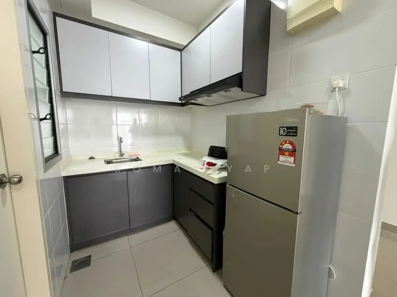 Kitchen features: white upper cabinets, dark grey lower cabinets, light-colored countertop, single-bowl stainless-steel sink, chrome pull-down faucet, built-in stove with exhaust hood, stainless-steel fridge, tile backsplash, grey tile flooring, window with metal grille; style: modern.