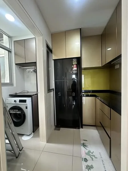 Kitchen features: black refrigerator, black countertop, yellow backsplash, cream cabinetry, built-in oven, stainless-steel sink, single-bowl stainless-steel sink, washing machine, ceramic tile flooring, recessed downlights, window with view, open shelving; style: modern.