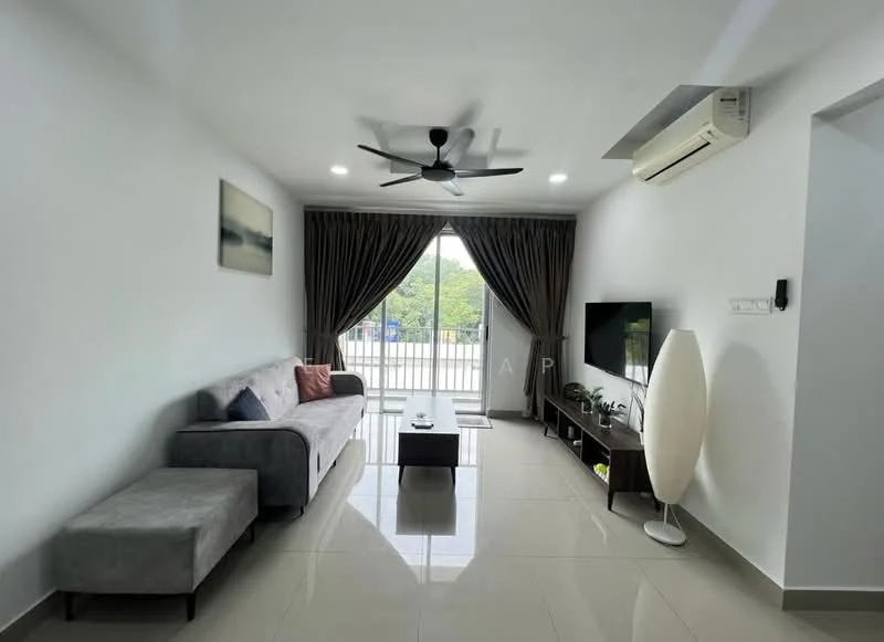 Living features: grey fabric sofa, coffee table, wall-mounted TV, TV console, 5-blade ceiling fan with light, recessed LED downlights, floor-to-ceiling windows, curtains, polished tile flooring, air conditioning unit; style: modern; view: garden.
