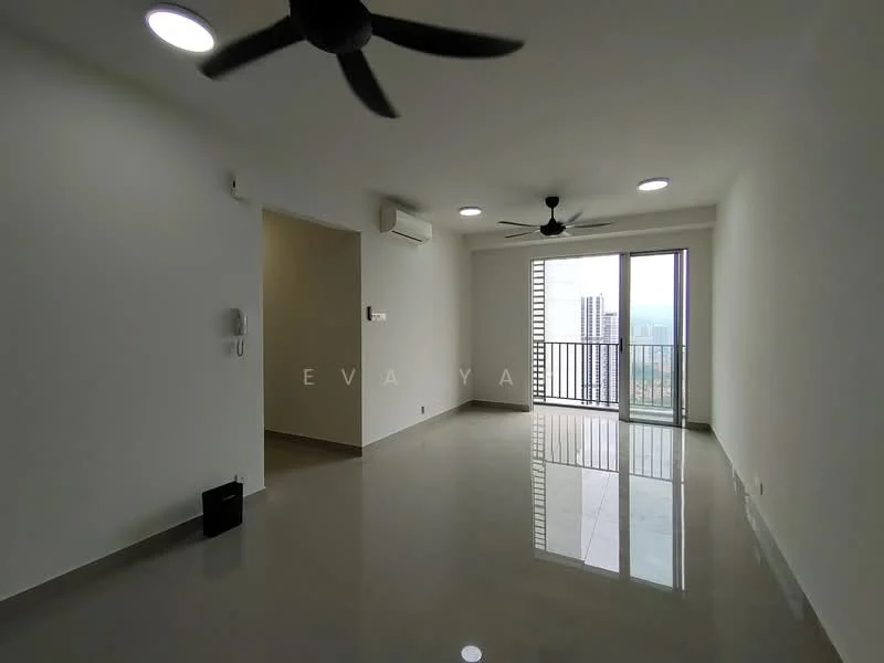 Living features: white painted walls, polished ceramic tile flooring, 2 ceiling fans, 1 wall-mounted split AC, floor-to-ceiling sliding glass door, balcony access, recessed downlights, neutral decor; style: modern; view: city.