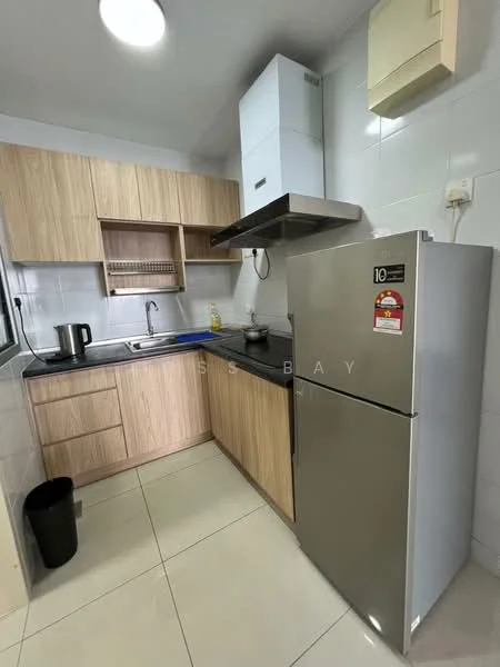 Kitchen features: light wood cabinetry, black countertop, stainless-steel fridge, built-in oven, stainless-steel range hood, single-bowl stainless-steel sink, chrome pull-down faucet, ceramic tile flooring, white tiled walls, kitchen cabinet with open shelving, kettle, trash bin; style: modern.