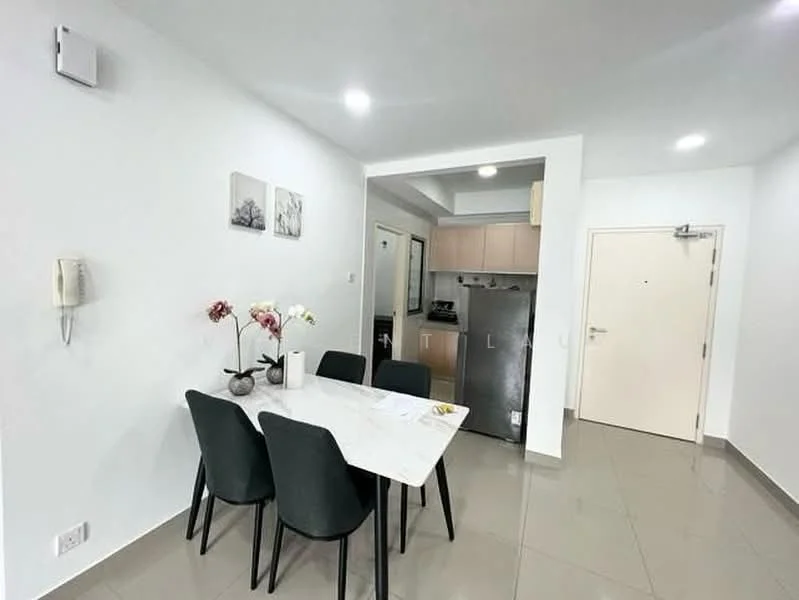 Dining features: white painted walls, grey tiled flooring, 4-seater dining table with marble top, black upholstered dining chairs, recessed LED downlights, wall-mounted intercom, decorative wall art, kitchen area visible in background, stainless-steel fridge, doorway leading to hallway; style: modern.