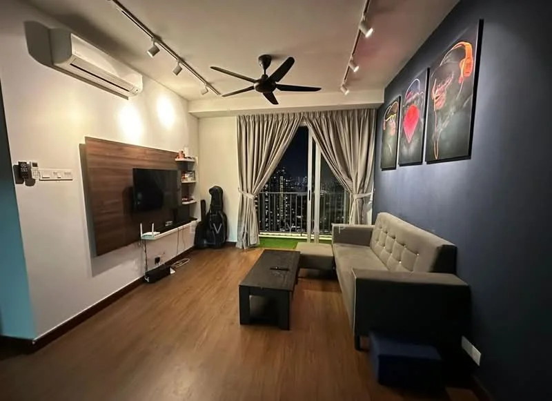 Living features: grey fabric sofa, black coffee table, wall-mounted TV, wooden TV console, 5-blade ceiling fan, recessed LED downlights, floor-to-ceiling windows, curtains, wood laminate flooring, decorative wall art, air conditioning unit; style: modern; view: city.