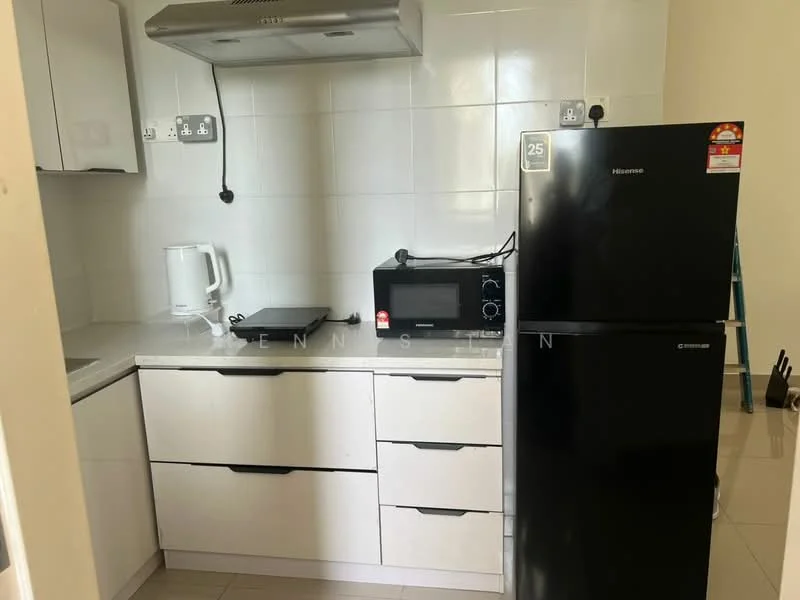 Kitchen features: white cabinetry with flat-panel doors, grey countertop, stainless-steel range hood, black refrigerator, black microwave, white kettle, ceramic tile flooring, white tiled backsplash, single-bowl stainless-steel sink, chrome faucet; style: modern.