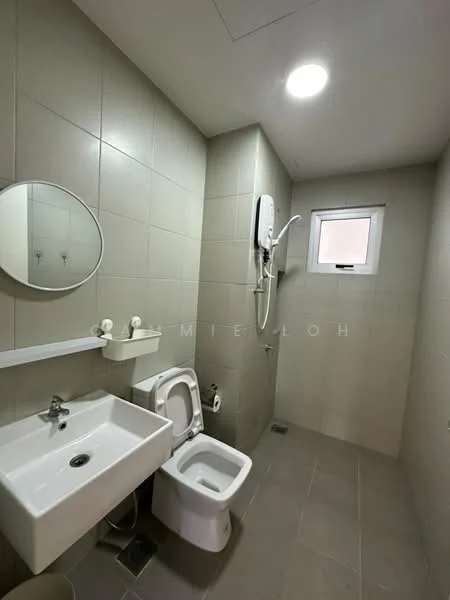 Bathroom features: white ceramic sink, chrome basin mixer faucet, one-piece toilet, shower with wall-mounted shower head, white tiled walls, grey tiled flooring, round mirror, window for natural light, wall-mounted water heater; style: modern.