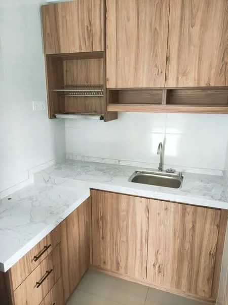 Kitchen features: wood cabinetry, marble countertop, stainless-steel sink, chrome faucet, open shelving, drawer storage, tile backsplash, light-colored flooring; style: modern.