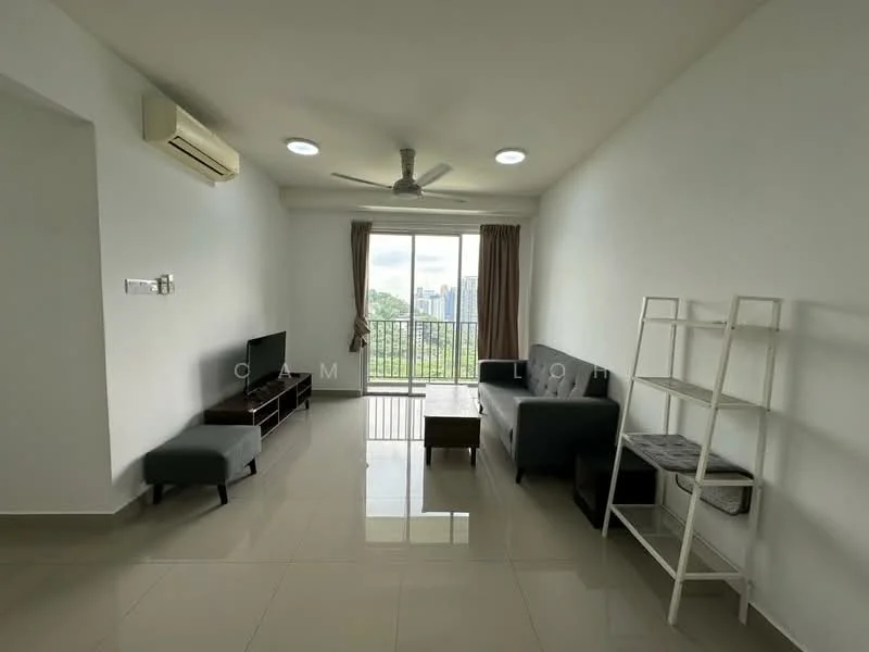 Living features: light grey fabric sofa, 2-seater sofa, wood coffee table, TV console, wall-mounted TV, floor-to-ceiling windows, sliding glass door, curtains, 5-blade ceiling fan with light, recessed downlights, cream painted walls, glossy tile flooring, open shelving unit; style: modern; view: city.