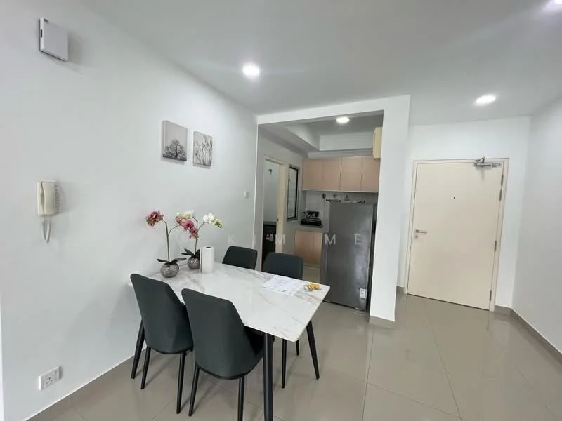 Dining features: 4-seater dining table with marble top, black upholstered dining chairs, white painted walls, grey tile flooring, recessed LED downlights, wall-mounted intercom, framed artwork on walls, open layout to kitchen, stainless-steel fridge, kitchen cabinetry visible in background; style: modern.