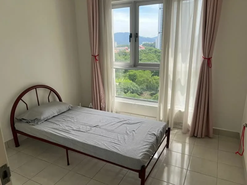 Bedroom features: single bed with red metal frame, grey bed linens, floor-to-ceiling window, curtains with tiebacks in light pink, white painted walls, tile flooring, view of greenery outside; view: garden.