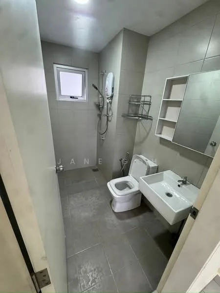 Bathroom features: grey tiled walls, grey tiled flooring, one-piece toilet, wall-mounted basin, chrome basin mixer faucet, shower with handheld showerhead, shower wall-mounted water heater, mirror above basin, open shelving unit, window for natural light; style: modern.