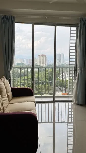 Living features: beige fabric sofa, purple accent chair, floor-to-ceiling sliding glass door, curtains in light blue, glossy tile flooring, city skyline view, wall with no visible decor, natural light from window; style: modern; view: city.