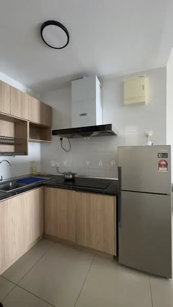 Kitchen features: laminate cabinetry in light wood, black granite countertop, stainless-steel single-bowl sink, chrome pull-down faucet, built-in range hood, freestanding stainless-steel fridge, ceramic tile flooring, wall-mounted cupboard, under-cabinet lighting, open shelving; style: modern.