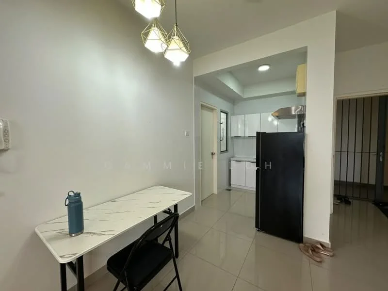 Kitchen features: white cabinets, stainless-steel refrigerator, built-in oven, ceramic tile flooring, recessed ceiling lights, marble dining table, black folding chairs, open layout, wall-mounted intercom, kitchen countertop, kitchen sink; style: modern. Dining features: marble dining table, black folding chairs; style: modern.