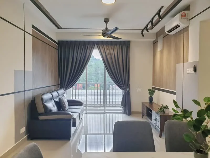 Living features: 3-seater fabric sofa in black, ceiling fan with light, floor-to-ceiling windows, grey curtains, wood panel accent wall, white walls, polished tile flooring, TV console, decorative plants; style: modern; view: city.