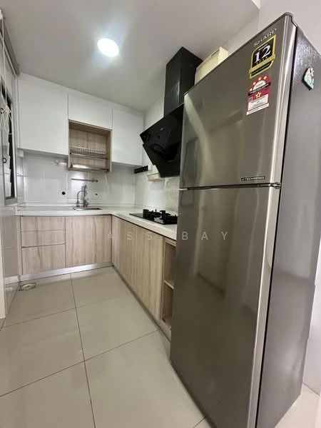 Kitchen features: white cabinets, wood grain lower cabinets, stainless-steel fridge, built-in oven, gas hob, black range hood, single-bowl stainless-steel sink, chrome pull-down faucet, white tiled backsplash, grey tiled flooring, recessed ceiling lights; style: modern.