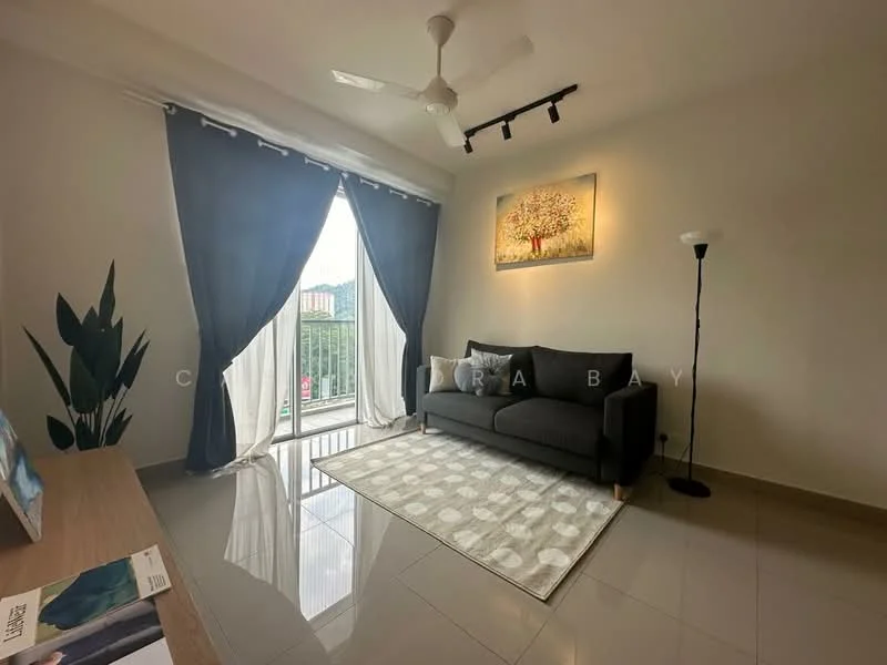 Living features: 3-seater fabric sofa in grey, area rug with geometric pattern, floor-to-ceiling windows, sheer curtains, blackout curtains, ceiling fan, wall-mounted light, decorative artwork, potted plant, laminate flooring, white painted walls; style: modern; view: city.