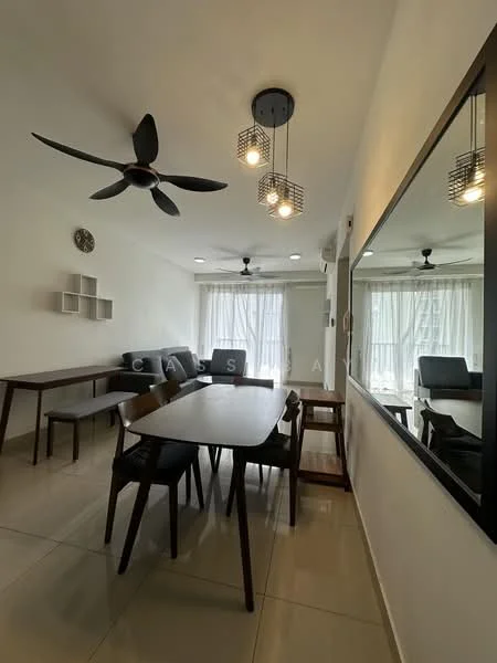 Dining features: 4-seater dining table, wooden dining chairs, 5-blade ceiling fan with light, pendant lighting, wall-mounted mirror, white painted walls, large windows with sheer curtains, tile flooring, sofa in grey fabric, decorative wall clock, open layout to living area; style: modern.