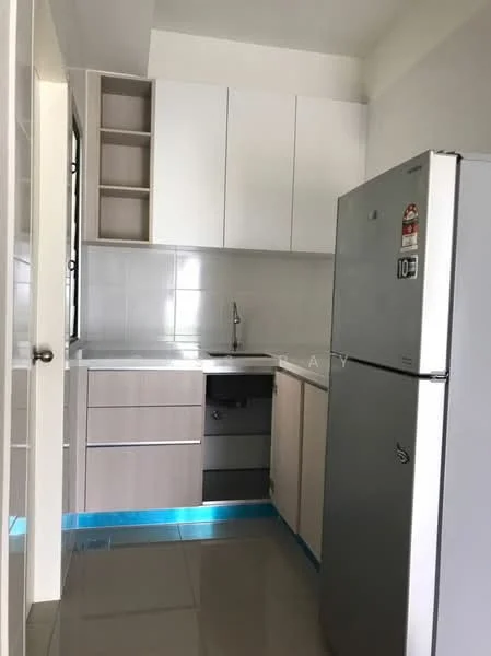 Kitchen features: white upper cabinets, light wood lower cabinets, single-bowl stainless-steel sink, chrome faucet, grey refrigerator, white tiled backsplash, grey tile flooring, open shelving above sink, countertop with overhang, window for natural light; style: modern.
