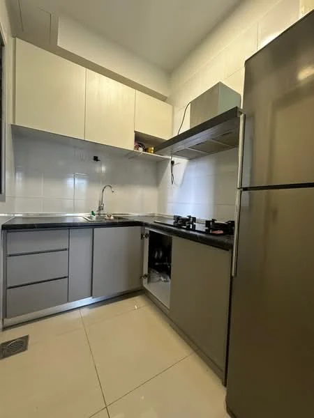 Kitchen features: grey cabinetry, stainless-steel sink, chrome pull-down faucet, ceramic tile backsplash, built-in gas hob, stainless-steel refrigerator, white tiled walls, white tiled flooring, under-cabinet lighting; style: modern.