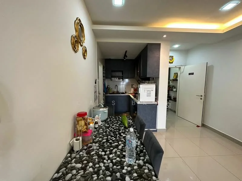 Kitchen features: black cabinetry, white countertop, stainless-steel sink, chrome faucet, built-in microwave, freestanding range oven, refrigerator, tile flooring, wall-mounted shelves, decorative wall art, dining table with stone pattern, grey upholstered chairs, LED ceiling lights; style: modern.