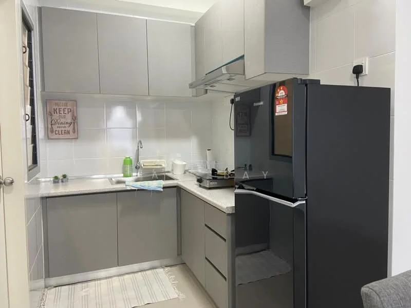 Kitchen features: grey cabinetry, white tiled backsplash, light grey countertop, stainless-steel sink, chrome pull-down faucet, black fridge, built-in oven, microwave, kitchen towel, window with view, light-colored flooring, wall-mounted cabinet; style: modern.