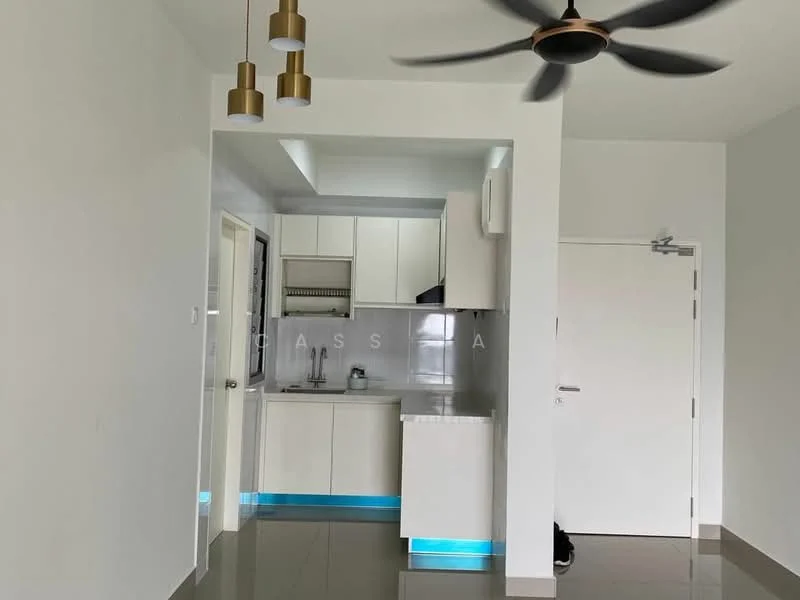 Kitchen features: white cabinetry, grey backsplash, stainless-steel sink, chrome pull-down faucet, built-in oven, freestanding range oven, refrigerator, 2 pendant lights, ceiling fan with light, grey tile flooring; style: modern. Room features: white painted walls, door to hallway, grey tile flooring.