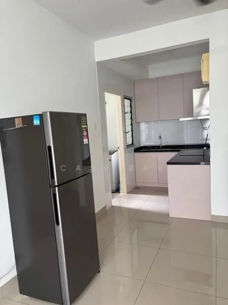 Kitchen features: grey cabinetry, black countertop, stainless-steel sink, chrome pull-down faucet, built-in oven, stainless-steel range hood, ceramic tile flooring, refrigerator, wall-mounted air conditioning unit, white painted walls, window with grille, light fixture; style: modern.