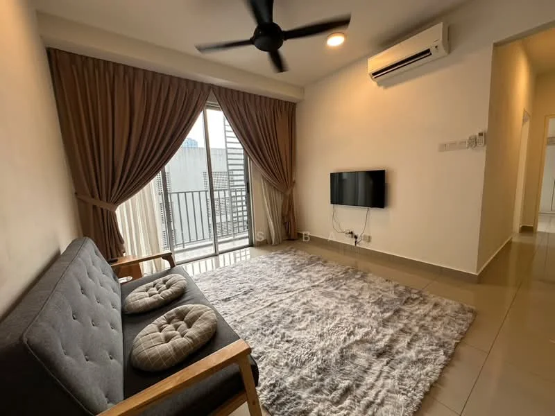 Living features: grey fabric sofa, 2 round cushions, area rug with plush texture, wall-mounted TV, ceiling fan with light, floor-to-ceiling windows, curtains in brown, tile flooring, air conditioning unit; style: modern; view: city.