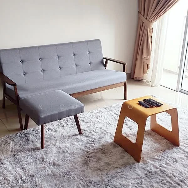 Living features: grey fabric sofa with wooden legs, wooden accent chair, orange side table, area rug with fluffy texture, floor-to-ceiling windows, sheer curtains, neutral painted walls, glossy tile flooring; style: modern.