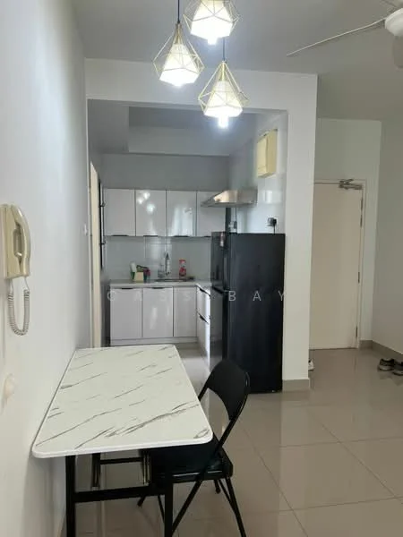 Kitchen features: white cabinets, black countertop, stainless-steel fridge, built-in oven, 4-burner gas hob, single-bowl stainless-steel sink, chrome pull-down faucet, ceramic tile flooring, pendant lighting, wall-mounted extractor hood, open layout, dining table with marble top, black folding chair; style: modern.