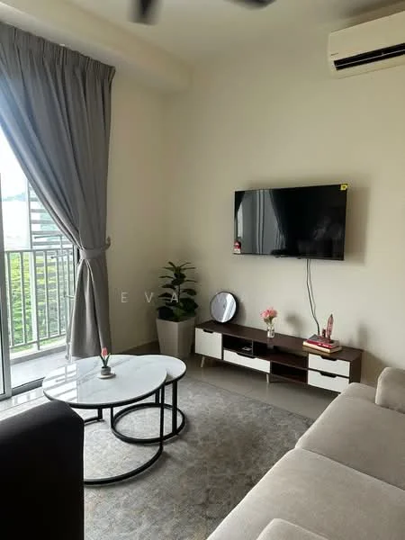Living features: light grey fabric sofa, round coffee table with black metal base, TV console with white drawers and wooden top, wall-mounted flat-screen TV, decorative plant in ceramic pot, framed mirror on console, sheer curtains, floor-to-ceiling windows, air conditioning unit, area rug with neutral pattern; style: modern; view: city.