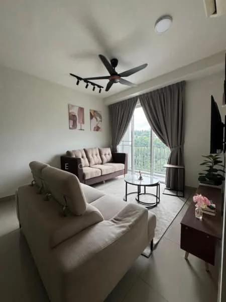 Living features: 3-seater fabric sofa in beige, 2-seater fabric sofa in beige, coffee table, TV console, wall-mounted TV, area rug, 5-blade ceiling fan, recessed LED downlights, floor-to-ceiling sliding glass door, curtains, decorative plant, framed artwork on walls; style: modern; view: garden.