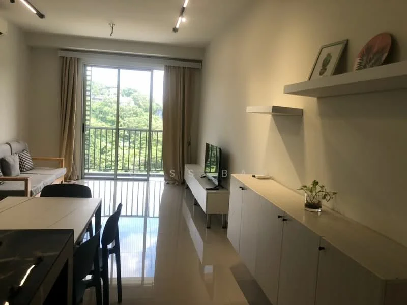 Living features: grey fabric sofa, wooden armchair, white TV console, wall-mounted TV, floating shelves, large sliding glass door, curtains, decorative plant, dining table with black chairs, polished tile flooring, recessed lighting; style: modern; view: garden.