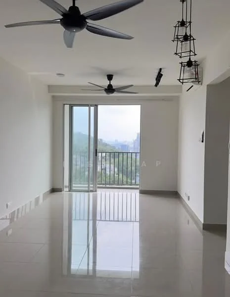 Living features: white painted walls, polished ceramic tile flooring, 2 ceiling fans, floor-to-ceiling sliding glass door, balcony access, mounting for track lighting, city view, recessed ceiling, hanging pendant lights; style: modern; view: city.