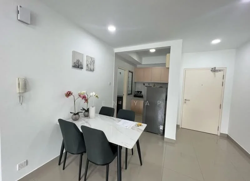 Dining features: white marble dining table, 4 upholstered dining chairs in black, light grey painted walls, tile flooring, recessed downlights, wall-mounted intercom, decorative wall art, kitchen area visible in background, stainless-steel fridge, door leading to hallway; style: modern.